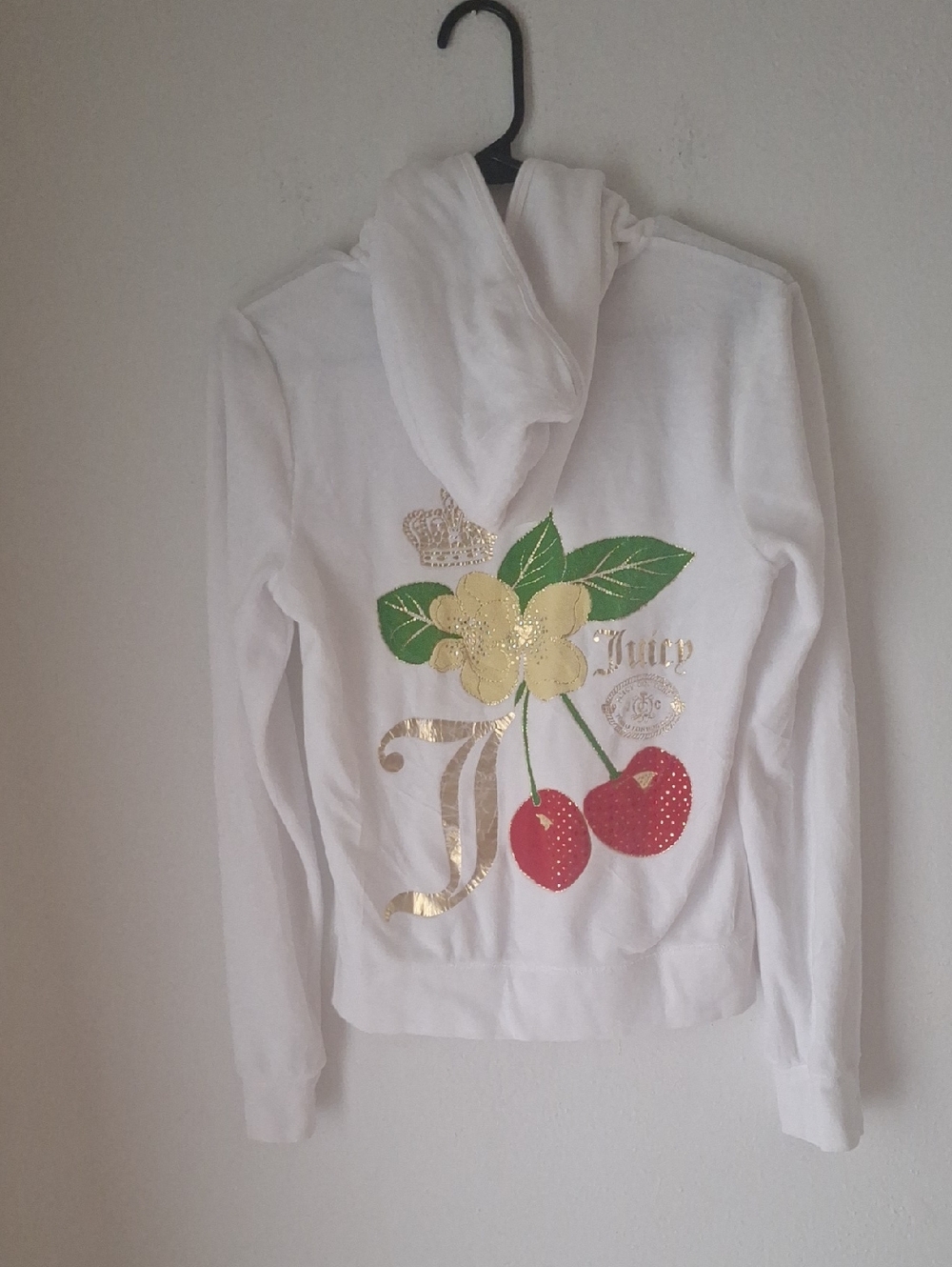 Beautiful Juicy Couture Y2K White Hoodie with Gold & Red Cherry Graphic Sz L